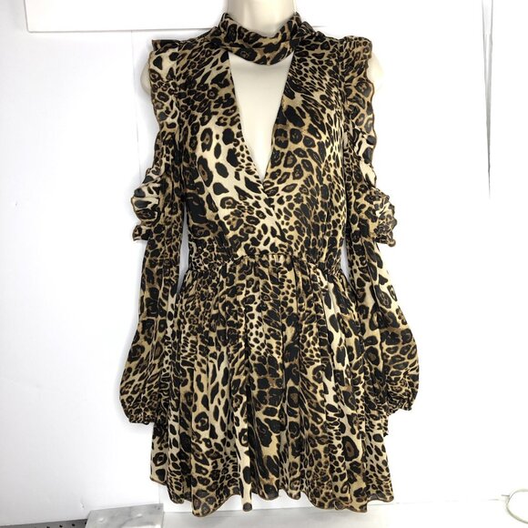 Oh Polly Dresses & Skirts - Oh Polly Open Shoulder Leopard Animal Print Mini Dress Size 2 Balloon Sleeves